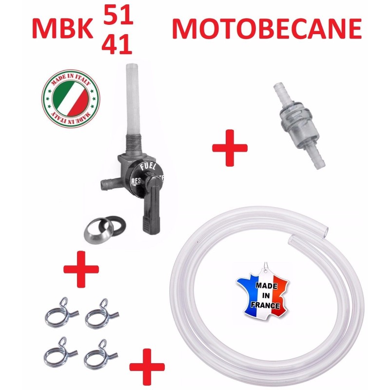 KIT ESSENCE MBK 51 MOTOBECANE : ROBINET M10 + DURITE + FILTRE + COLLIER  MOBYLETTE - CYCLINGCOLORS