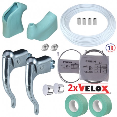 KIT LEVIER DE FREIN REPOSE MAIN COCOTTE GUIDOLINE GAINE CABLE VELO CYCLE VERT CELESTE 'BIANCHI' ET BLANC