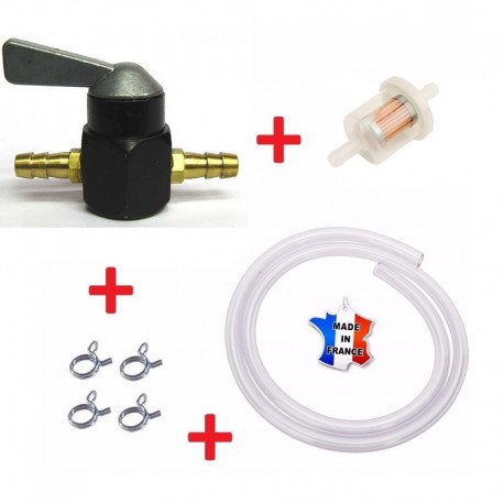 KIT ESSENCE UNIVERSEL : ROBINET 7MM 8MM NOIR + COLLIER + DURITE + FILTRE A CARBURANT MOTO MOBYLETTE TONDEUSE TRACTEUR