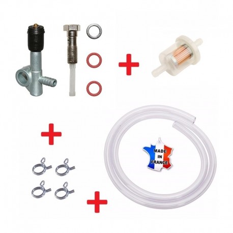 KIT ESSENCE MBK 88 : ROBINET A TIRETTE MOTOBECANE + COLLIER TUBE + DURITE + FILTRE A CARBURANT MOTO MOBYLETTE CYCLOMOTEUR