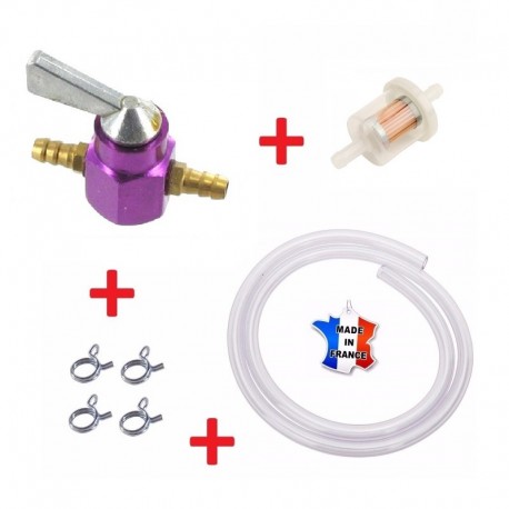 KIT ESSENCE UNIVERSEL : ROBINET 5MM 6MM VIOLET + COLLIER + DURITE + FILTRE MOTO MOBYLETTE TONDEUSE TRACTEUR