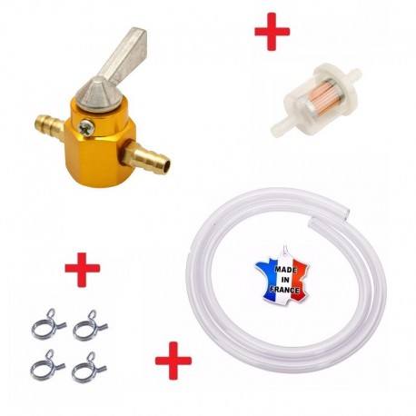 KIT ESSENCE ROBINET OR JAUNE 5MM 6MM COLLIER DURITE FILTRE MOTO SCOOTER TONDEUSE 